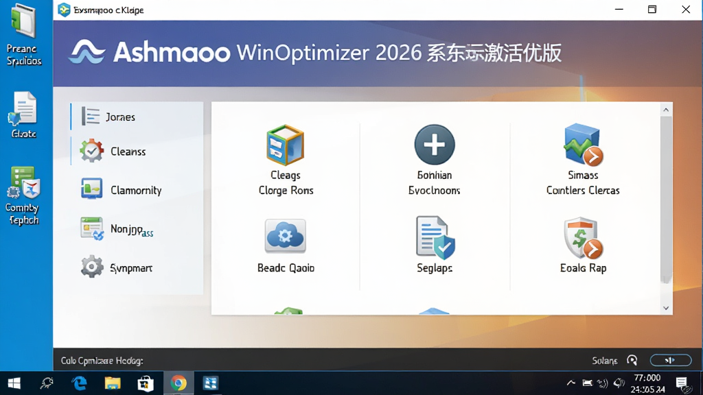 Ashampoo WinOptimizer 2026中文激活版 系统优化软件 主界面 功能面板 清理 加速 注册表修复 背景为Windows桌面