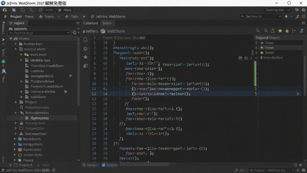 JetBrains WebStorm 2021破解免费版,画面主体为软件主界面,显示代码编辑器窗口,左侧项目文件树,右侧代码区域高亮显示JavaScript代码,背景为深色开发者主题。