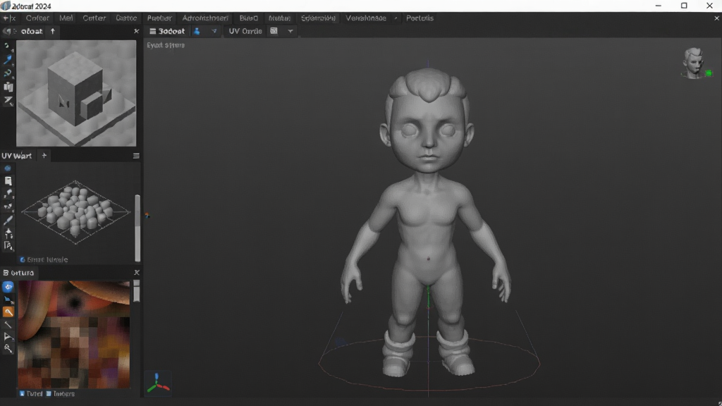 3dcoat 2024中文免费版主界面,左侧工具栏包含体素雕刻、UV映射、纹理绘制模块,中央显示一个半成品角色模型,背景为深灰色工作区,整体风格专业简洁