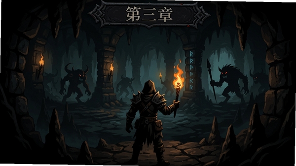 地牢:第三章,游戏主界面,地牢场景,主角手持火把,阴暗洞穴,背景有怪物剪影,画面风格黑暗奇幻