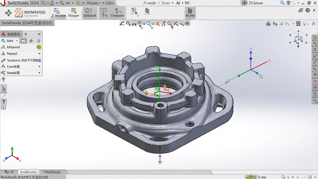 SolidWorks 2024中文激活版三维建模界面,展示复杂零件与装配环境
