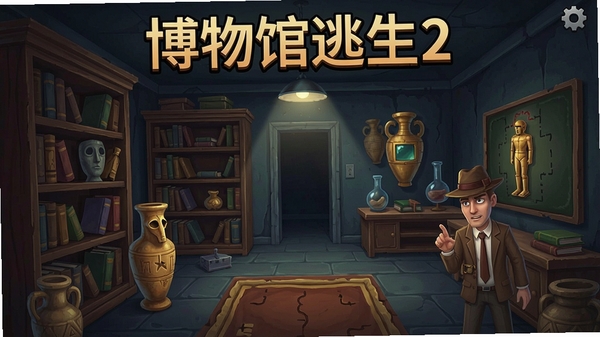 博物馆逃生2 游戏主界面,密室场景,书架和文物,解谜元素