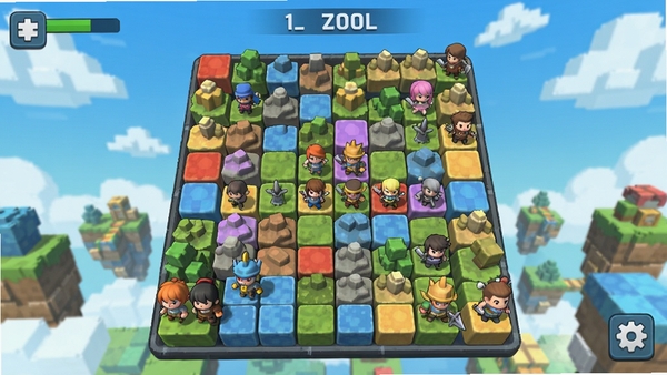 提示词:次元方块游戏主界面,画面中央是一个由彩色方块组成的棋盘战场,多个Q版角色单位分布在不同颜色的方块地形上,背景是蓝天白云的方块世界,整体明亮卡通风格,要求清晰展示游戏核心策略战棋玩法氛围。