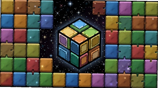 次元方块游戏界面,多个彩色方块在网格中拼接,背景是星空,画面中心一个完成后的立方体图案