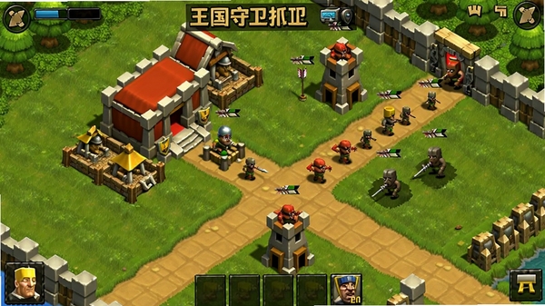 皇家守卫军电脑版/王国保卫战电脑版,游戏主界面截图,展示兵营、箭塔和敌人来袭,背景为绿色草地和路径,16:9横屏,高清画质