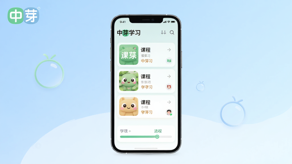 中芽学习应用主界面截图,背景为浅蓝色渐变,画面中央是手机模型,屏幕上显示课程列表和进度条,左上角有中芽logo,整体风格简约现代,色彩柔和,突出学习氛围。