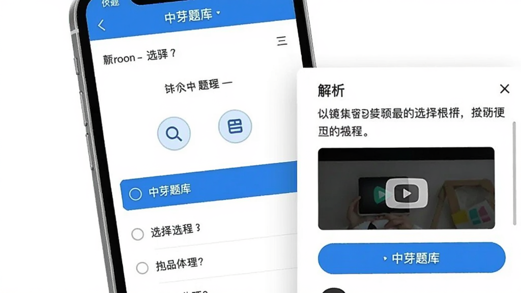 中芽题库界面,手机屏幕上显示一道选择题,下方有四个选项,选中后弹出解析窗口,包含文字和视频图标,背景为白色,按钮使用蓝色主题色。