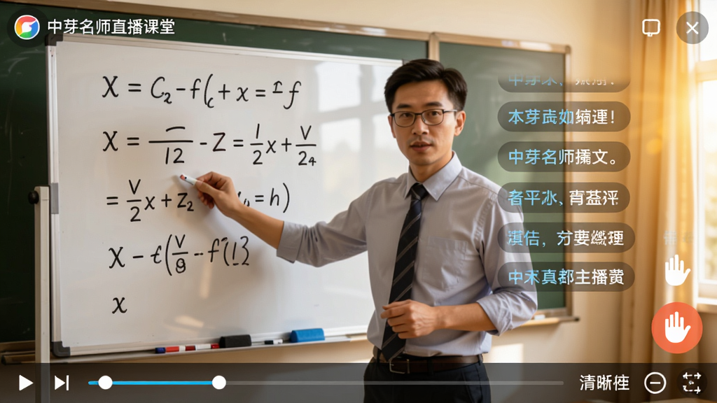 中芽名师直播课堂截图,画面中老师正在白板上讲解数学公式,右侧有聊天弹幕和举手按钮,底部有进度条和清晰度选项,整体色调温暖明亮。