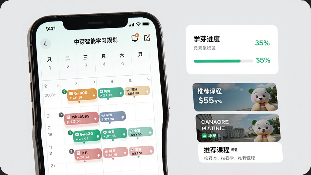 中芽智能学习规划界面,手机屏幕上显示一个日历视图,标记不同颜色的学习任务,旁边有进度百分比和推荐课程卡片,背景是淡灰色,整体界面清晰有序。