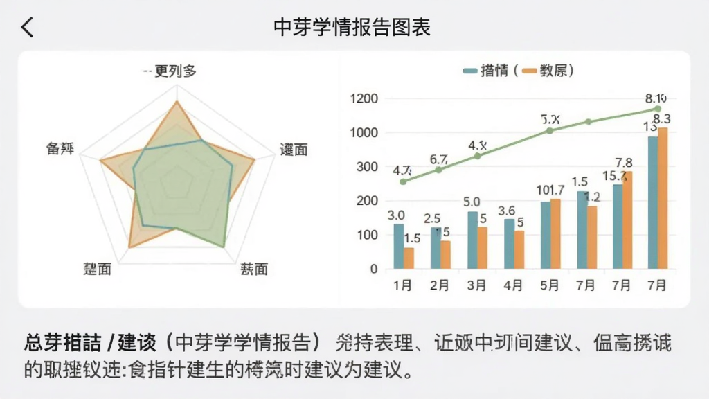 中芽学情报告图表截图,手机屏幕上显示雷达图、折线图和柱状图,分别对应不同学科的表现,颜色搭配和谐,下方有文字总结和建议,背景为浅灰色。