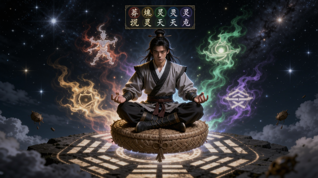 莽荒传奇角色修炼场景,主角盘坐在悬浮的蒲团上,周围环绕着五行灵气光芒,身下有八卦阵图,背景是浩瀚星空,角色头顶显示灵根属性面板,画面充满仙侠意境,细节丰富