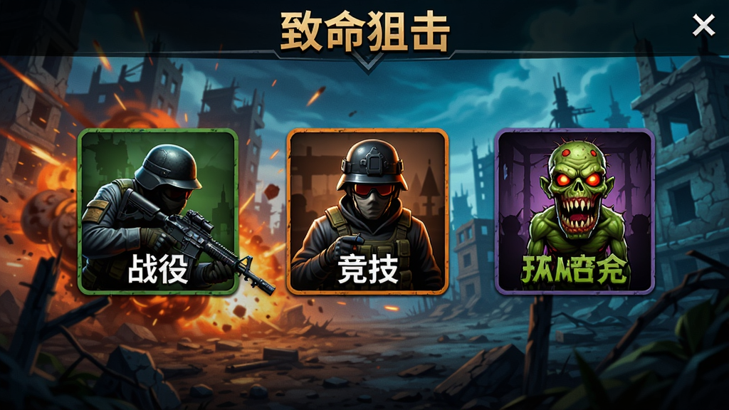 致命狙击游戏多模式选择界面,包含战役、竞技、僵尸等图标,动态背景,色彩鲜艳,适配Boogu模型