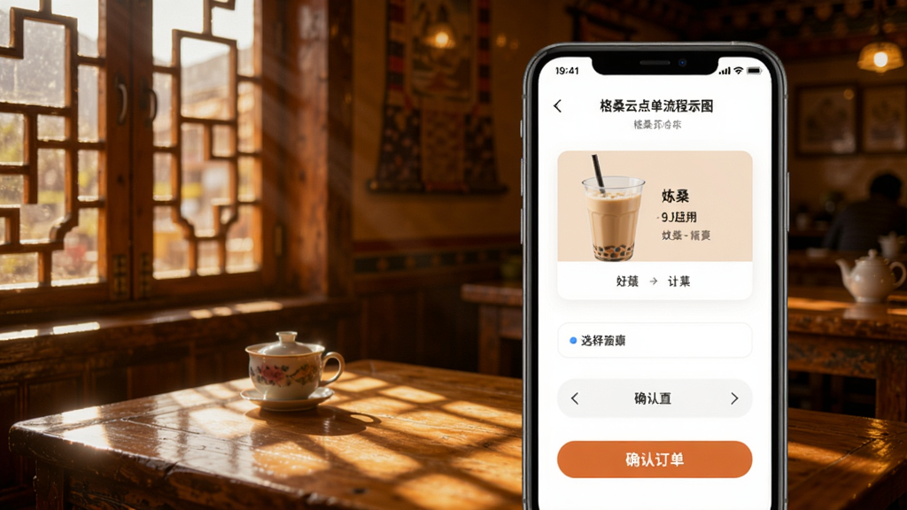 格桑云点单流程示意图,手机屏幕展示从选择奶茶到确认下单的页面截图,背景为藏式茶楼,阳光透过窗格洒在木桌上,画面带有温馨的暖色调