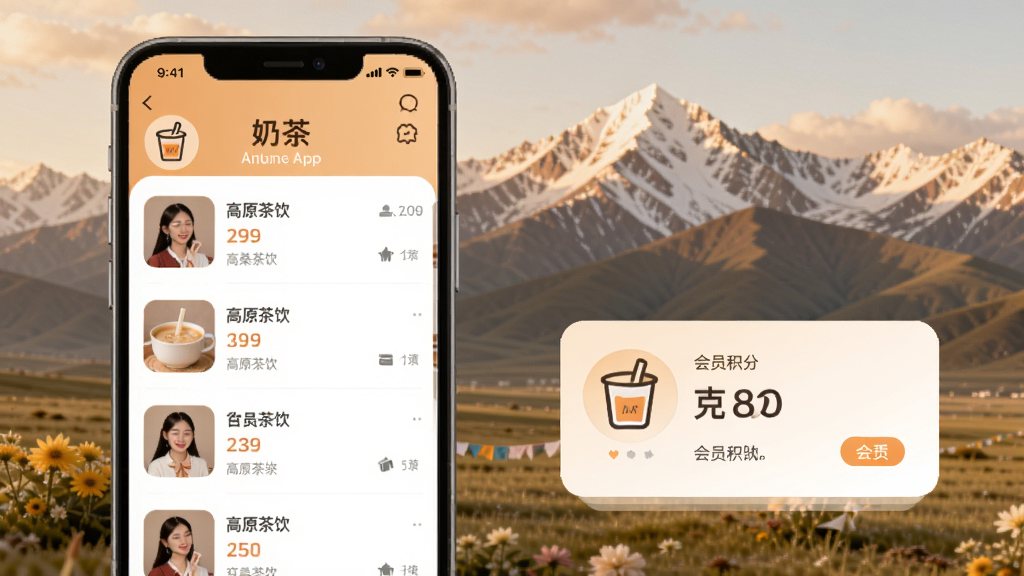 格桑云App主界面展示,手机屏幕中显示奶茶菜单列表和会员积分卡片,背景是雪山草原,整体色调温暖柔和,突出高原茶饮氛围