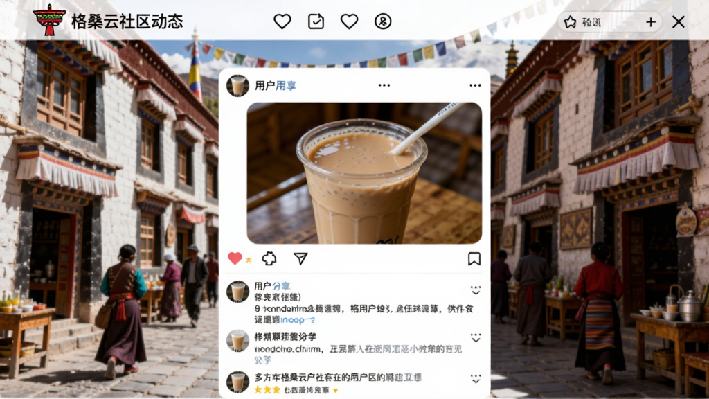 格桑云社区动态页面,展示用户分享的奶茶图片和评论区,背景为藏式古城街道,画面充满生活气息