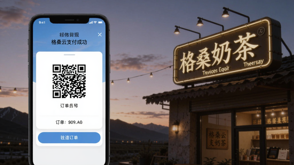格桑云支付成功页面,手机显示二维码和订单编号,背景是高原黄昏下的奶茶店招牌,光线柔和,氛围宁静