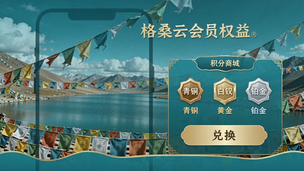 格桑云会员权益页面,手机界面显示积分商城、等级图标(青铜、白银、黄金、铂金)、以及兑换按钮,背景是高原湖泊与经幡,配色青蓝与金色相间