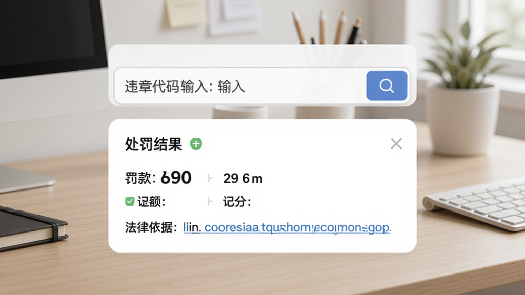 交通法规查询违章计算器功能预览图,上方为违章代码输入框,下方显示处罚结果卡片,包括罚款金额、记分、法律依据链接,背景为简约办公桌面,色彩柔和,突出计算器UI细节