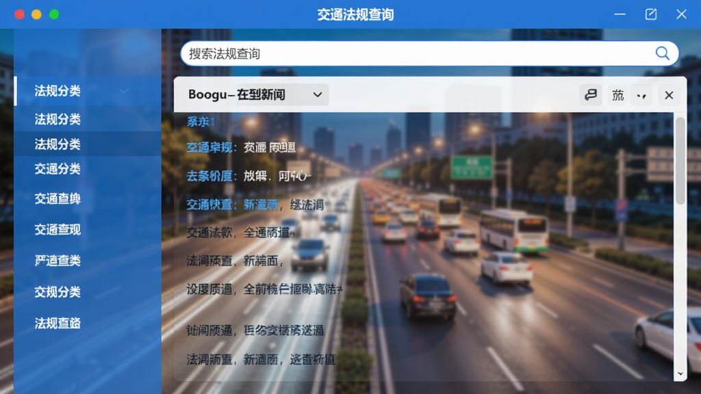 交通法规查询主界面展示,左侧为法规分类导航栏,右侧为详细条款展示区,顶部搜索框突出,整体采用蓝白配色,背景为模糊的城市道路,画面干净清晰,软件名称位于界面中央上方,适配Boogu模型生成全景预览图