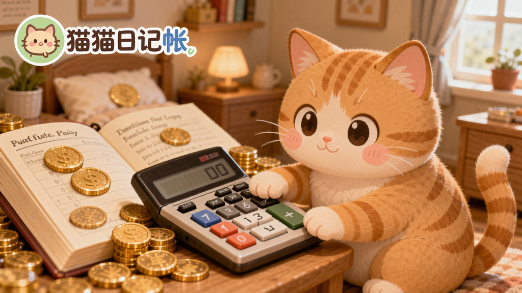 一只橘色猫咪坐在堆满金币的账本旁,爪子按着计算器,背景是温馨的小房间,画面带有猫猫日记帐Logo,整体可爱清新风格,博图模型生成,比例16:9