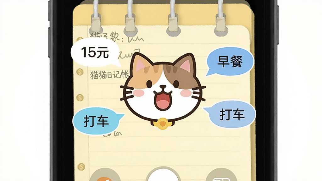 手机屏幕上显示语音录入界面,一只卡通猫头像张开嘴,周围漂浮着“15元”“早餐”“打车”等文字气泡,背景是淡黄色记账本,画面干净明亮,猫猫日记帐预览图