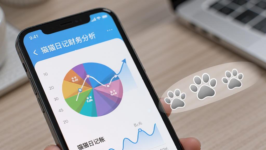 手机屏幕显示彩色饼图和折线图,图表旁有猫咪爪印标记,整体采用蓝白渐变色调,猫猫日记帐财务分析界面