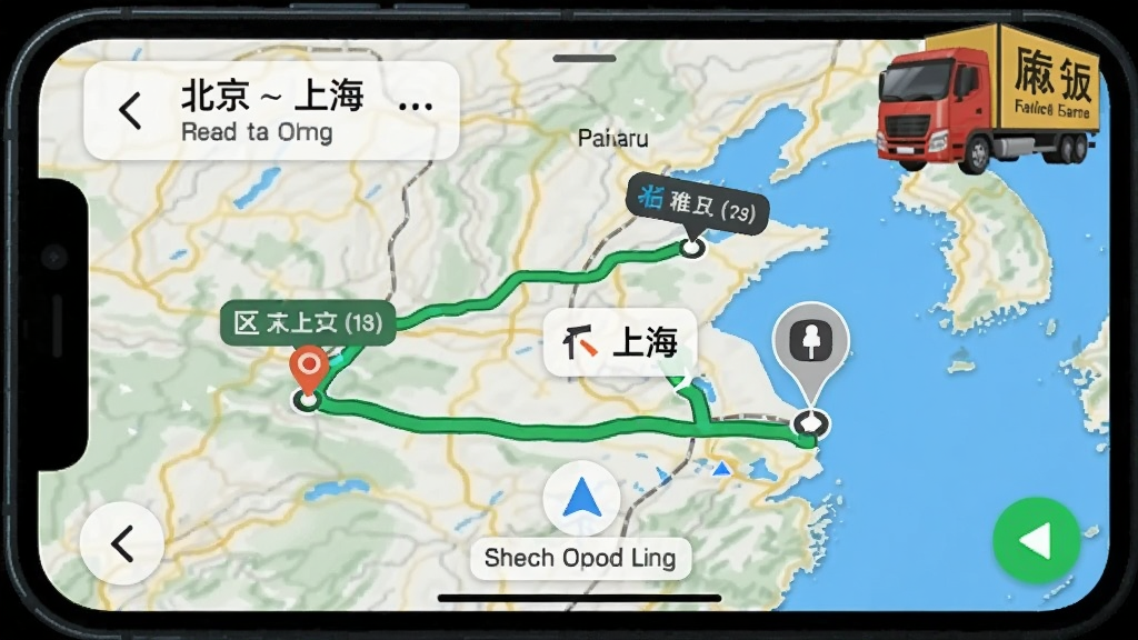 手机导航界面,显示从北京到上海的路线规划,绿色路线标注推荐线路,中间有三个途经点标记,画面右上角有货车司机拉货版水印。