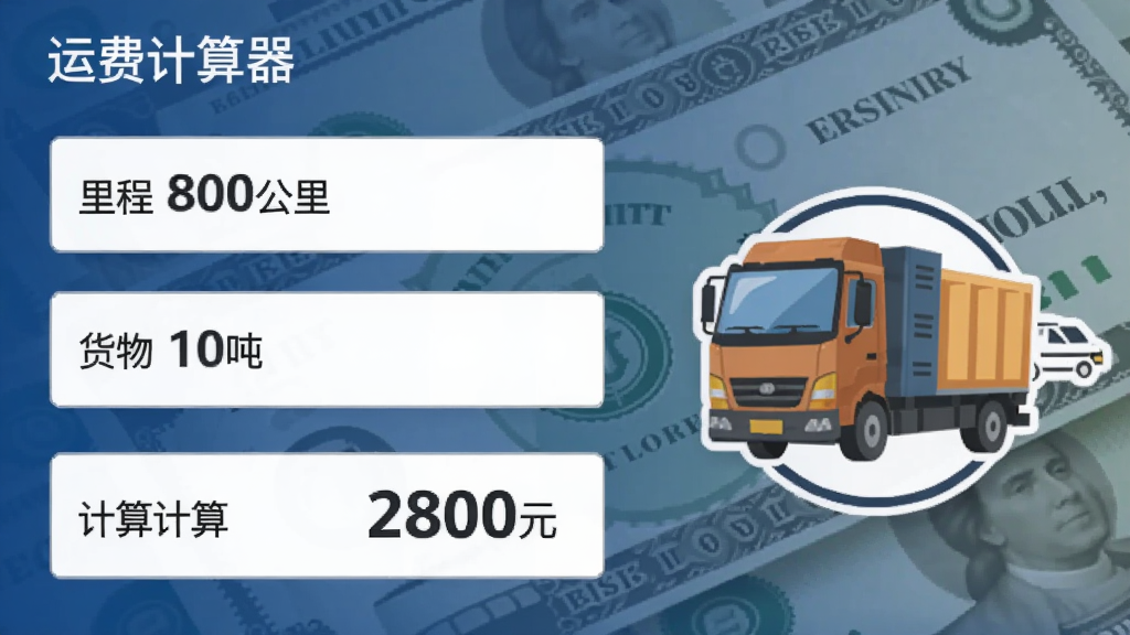 运费计算器界面截图,输入框显示里程800公里、货物10吨,下方自动计算出预估运费2800元,旁边有货车司机拉货版Logo,背景为现金钞票图案。