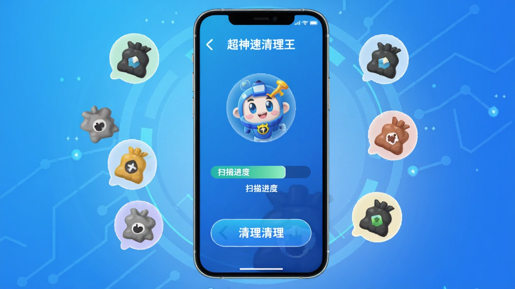 超神速清理王的主界面展示,手机屏幕内显示扫描进度条和清理按钮,背景为渐变蓝色科技感,手机模型居中,周围有浮动垃圾图标,整体风格明亮简洁,适配Boogu模型生成。