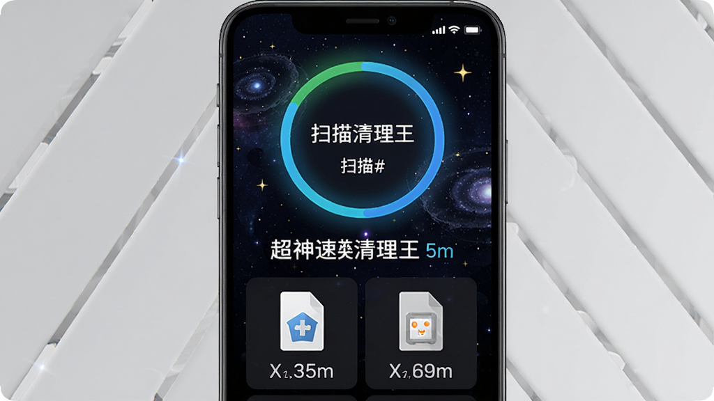 超神速清理王智能深度扫描界面,手机屏幕上方显示扫描进度环,下方列出各类垃圾文件的图标和大小,背景为深色星空,文字清晰,体现高效识别能力。