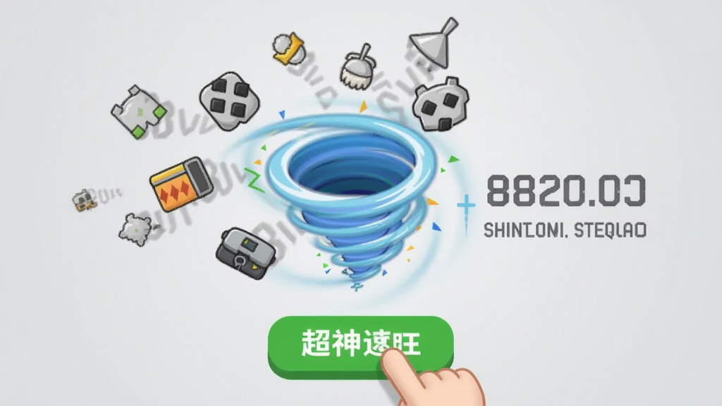 超神速清理王一键清理动画,手指点击绿色按钮,屏幕中心出现漩涡状清理特效,周围垃圾图标消失,剩余空间数字快速增加,背景为浅灰色简洁风格。