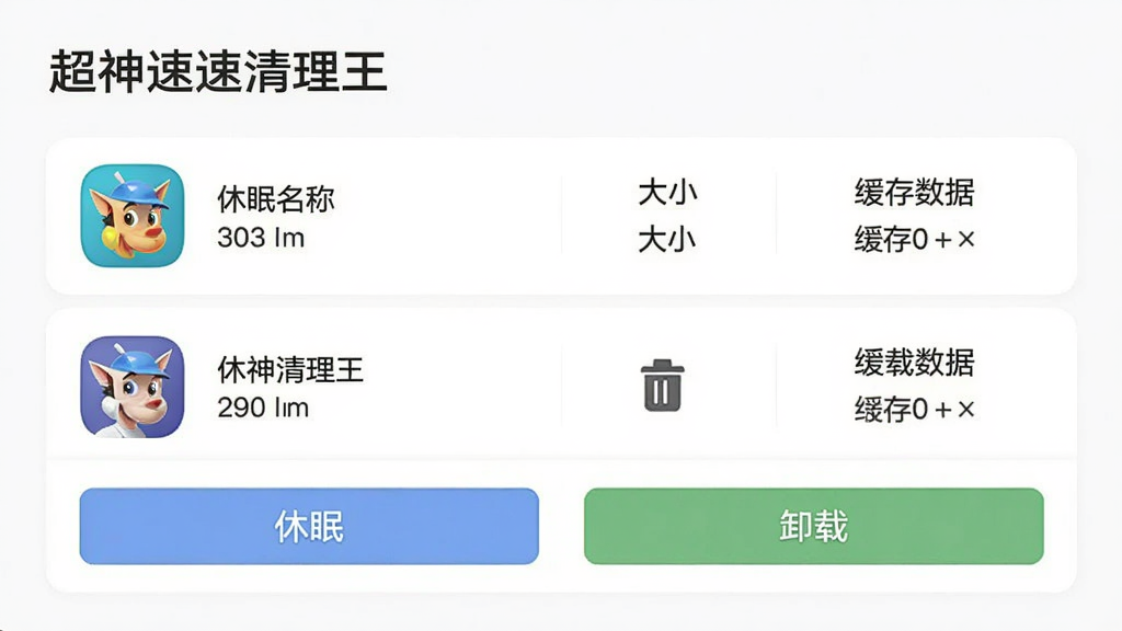 超神速清理王应用管理页面,列表展示应用名称、大小和缓存数据,底部有“休眠”和“卸载”按钮,界面采用卡片式设计,背景为白色,配色清爽。