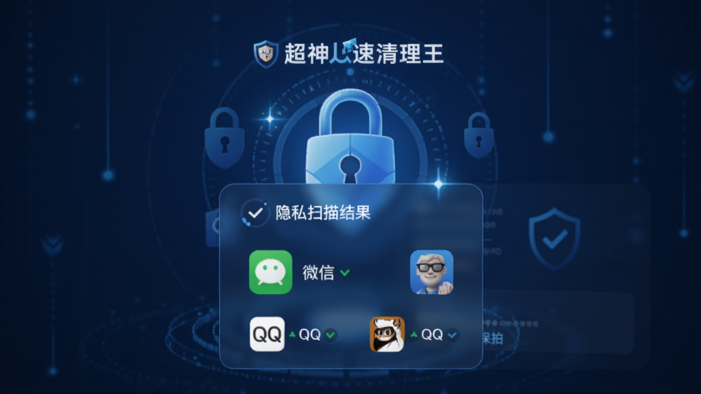 超神速清理王隐私保护界面,显示隐私扫描结果,包括微信、QQ等应用缓存,背景有锁形图标,色调为冷蓝,强调安全性。