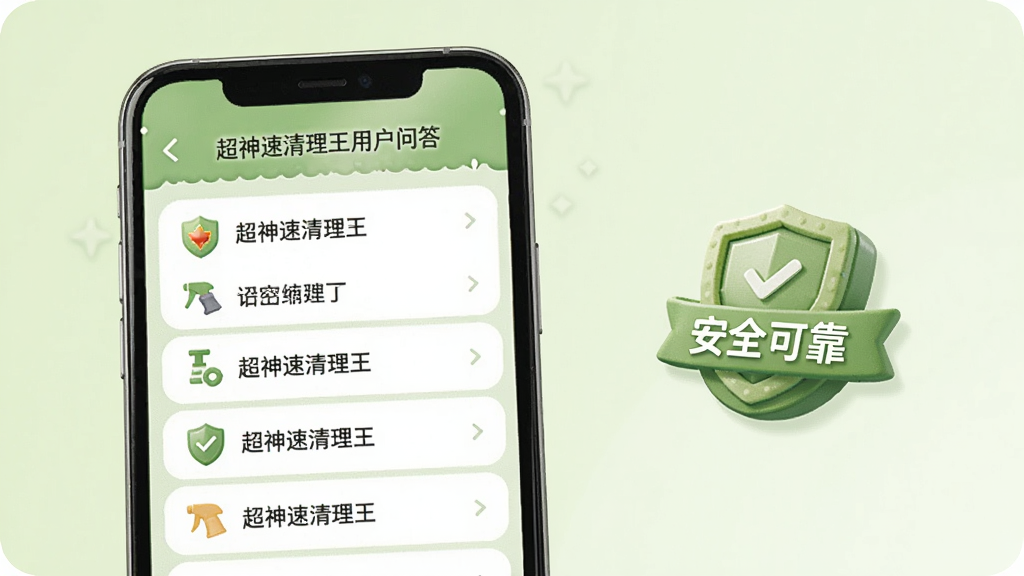 超神速清理王用户问答界面,手机屏幕显示常见问题列表,背景为浅绿色,有“安全可靠”文字标识,整体风格温馨简洁。