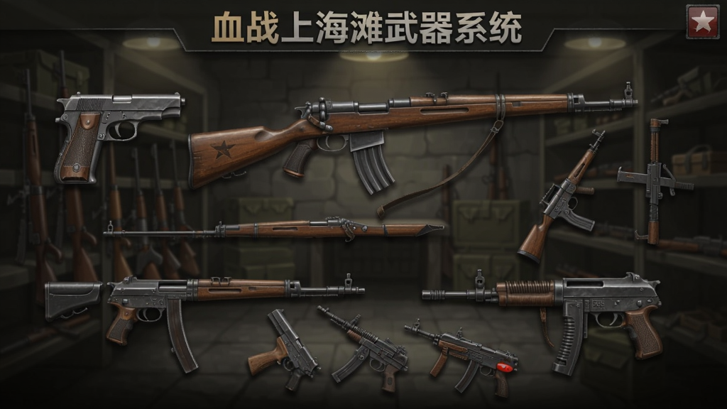 游戏武器选择界面,展示多种二战枪械,包括手枪、步枪、冲锋枪,背景为武器库,枪械细节金属质感,文字标注