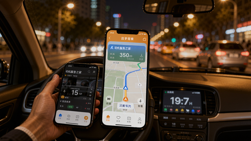 画面中心展示司机服务之家APP主界面,背景为城市道路夜景,车辆行驶,突出司机使用手机导航,温暖色调,细节清晰