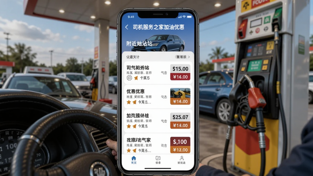 司机服务之家加油优惠页面,显示附近加油站列表和优惠价格,手机界面,背景有汽车加油场景