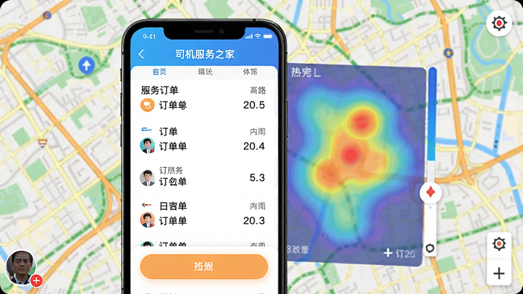 司机服务之家APP接单界面,显示订单列表和热力图,手机屏幕清晰,背景为城市地图,色彩鲜明