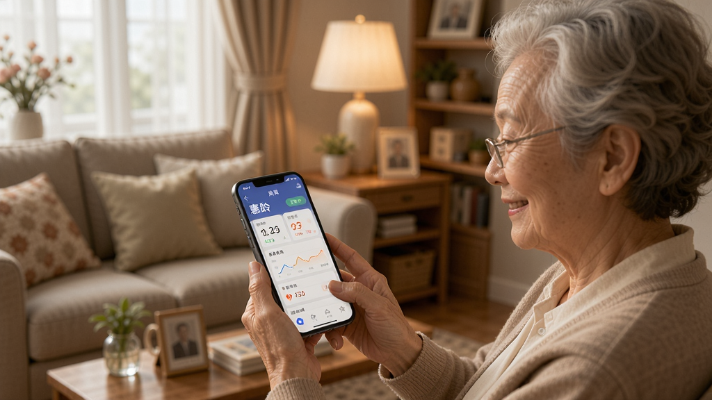 惠龄 app 主界面展示,一位老人正在使用手机查看健康数据,背景温馨的家庭客厅,光线柔和,强调易用性和亲和力。