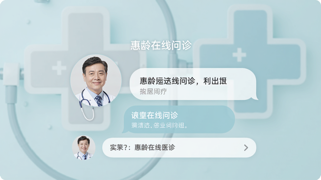 惠龄在线问诊界面,医生头像和对话框,背景为医疗十字标志,色调柔和专业,体现远程医疗的便捷。