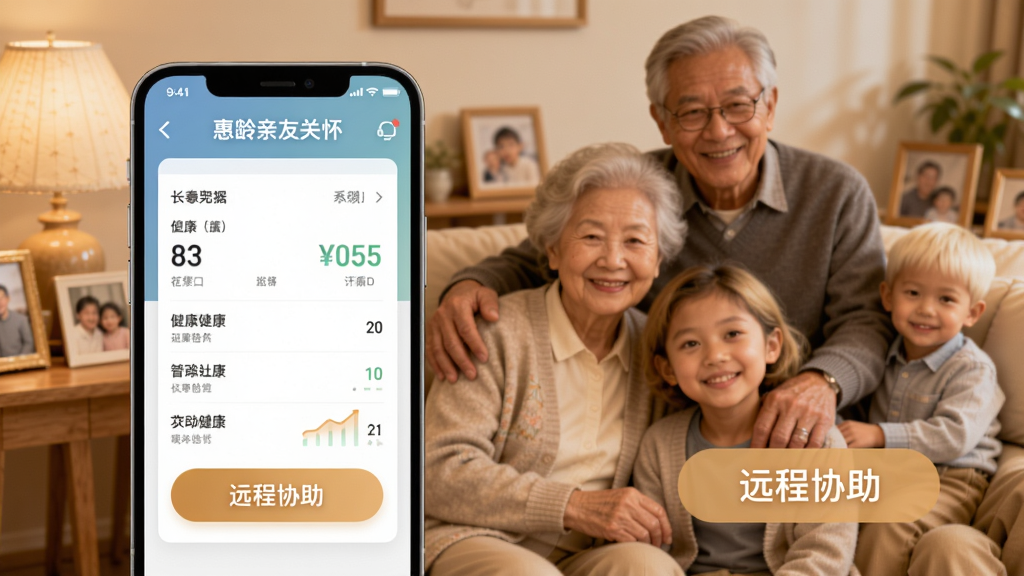 惠龄亲友关怀界面,手机屏幕显示长辈健康数据概览,旁边有“远程协助”按钮,背景为家庭合照,温暖色调。