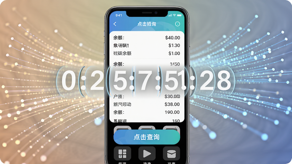 手机话费余额查点击查询按钮后展示余额的动画效果,数字从0滚动到实际余额,背景有光纤流动特效,手机模型居中,屏幕显示详细账单明细,色彩明亮,光线柔和