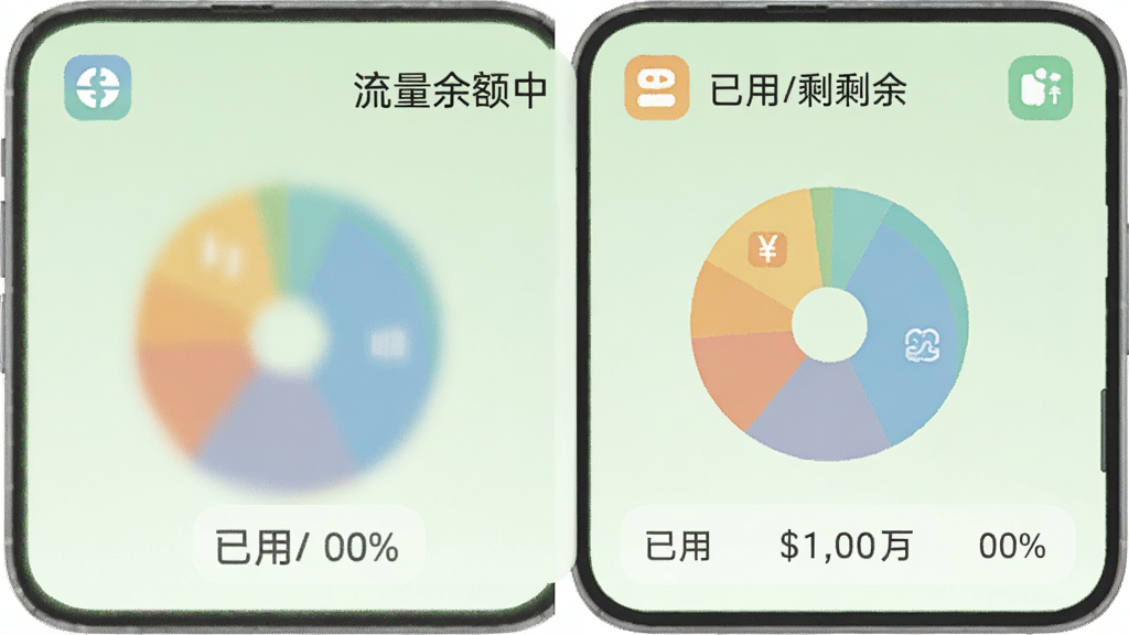 手机话费余额查中流量详情页面,饼图分色展示已用/剩余流量,底部有数字统计,手机屏幕背景浅绿,图标圆润,整体风格清新