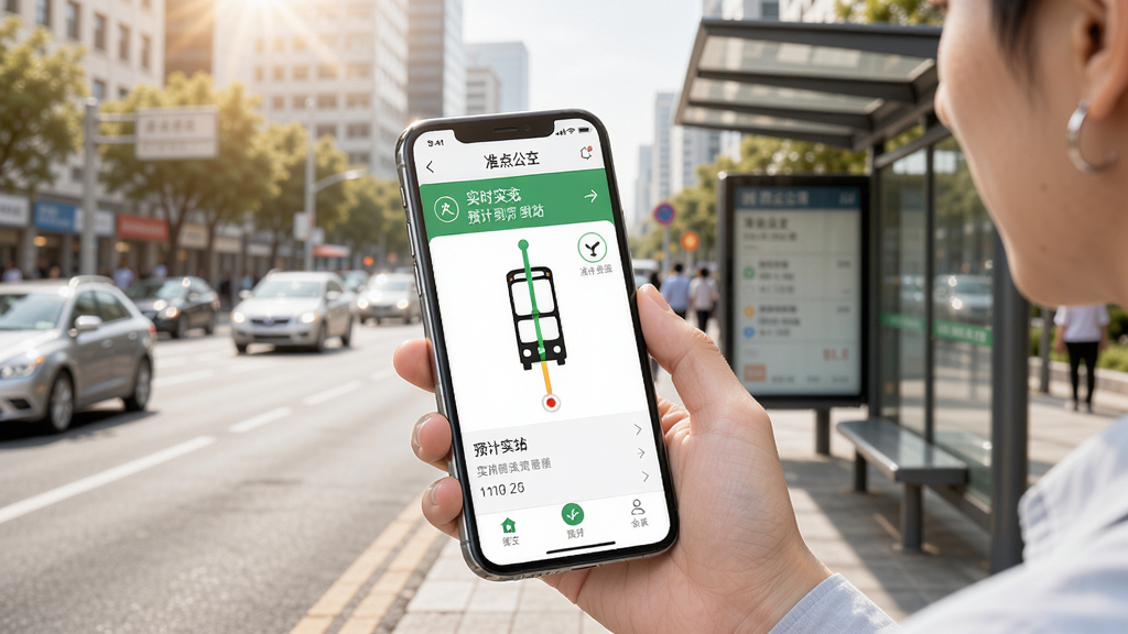 画面展示用户手持手机打开准点公交实时查App,背景是繁华城市街道和公交站台,界面显示实时公交位置和预计到站时间,风格清新明亮,细节丰富