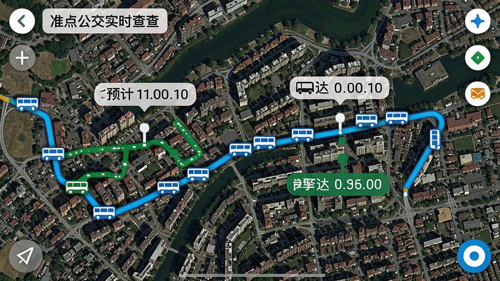 展示准点公交实时查的地图界面,多辆公交车图标沿着线路移动,标记当前位置和预计到达时间,背景为城市卫星图,色彩鲜明,细节清晰