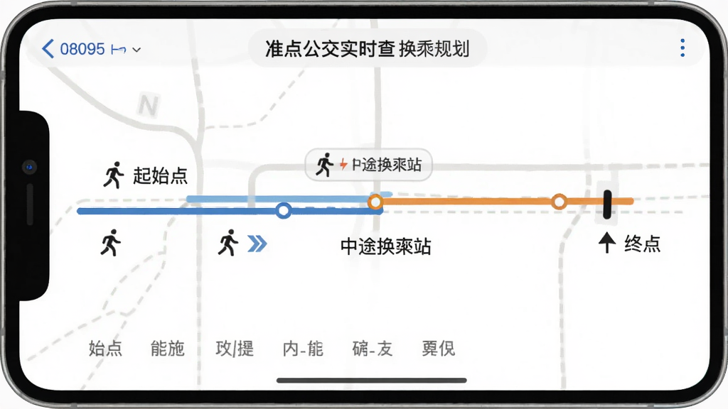 准点公交实时查的换乘规划页面,显示起始点、中途换乘站和终点,用不同颜色线路标识,并附带步行导航箭头,界面简洁直观