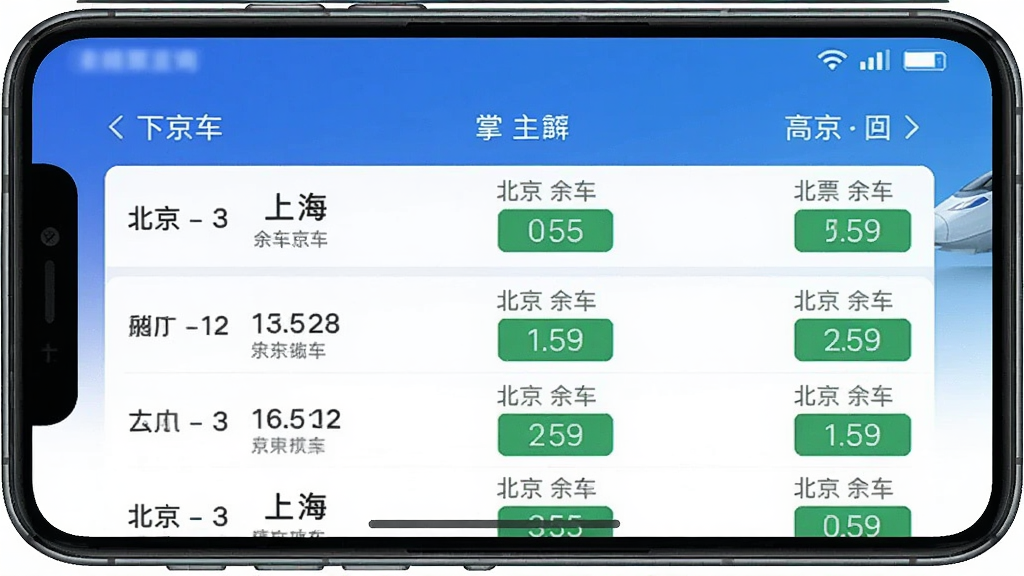 掌上高铁火车票查询余票查询界面,屏幕显示北京到上海的高铁车次列表,余票用绿色数字标注,背景为蓝色渐变,界面简洁清晰,适配Boogu模型生成