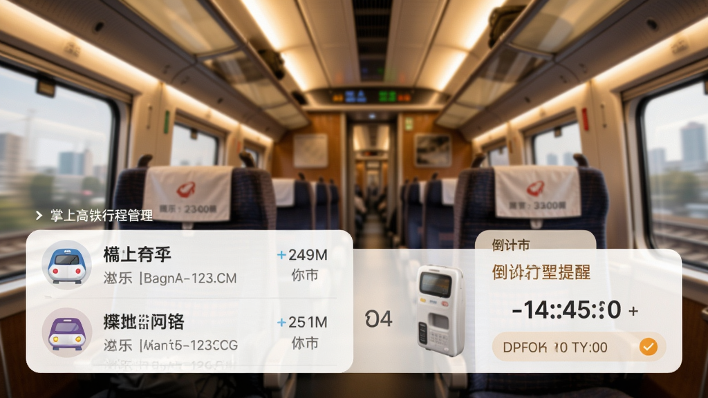 掌上高铁火车票查询行程管理页面,显示已添加的列车信息与倒计时提醒,背景为高铁车厢内景,画面温暖,风格写实,适配Boogu模型生成