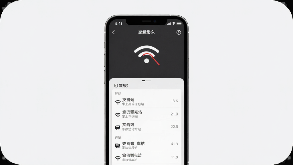 掌上高铁火车票查询离线缓存界面,手机屏幕显示已下载的车站列表,背景为无线网络断开图标,风格简洁,适配Boogu模型生成