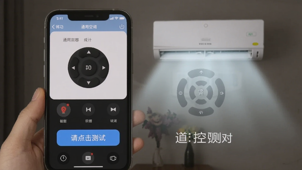万能遥控器通用空调配对过程截图,手机界面显示“请点击测试”按钮,空调在背景中亮起,示意匹配成功。